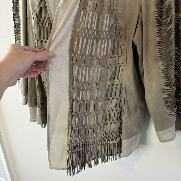 Chico’s Brown Tan Faux Suede Open Front Fringe Jacket Boho Western Sz 2 L… - Picture 4 of 8